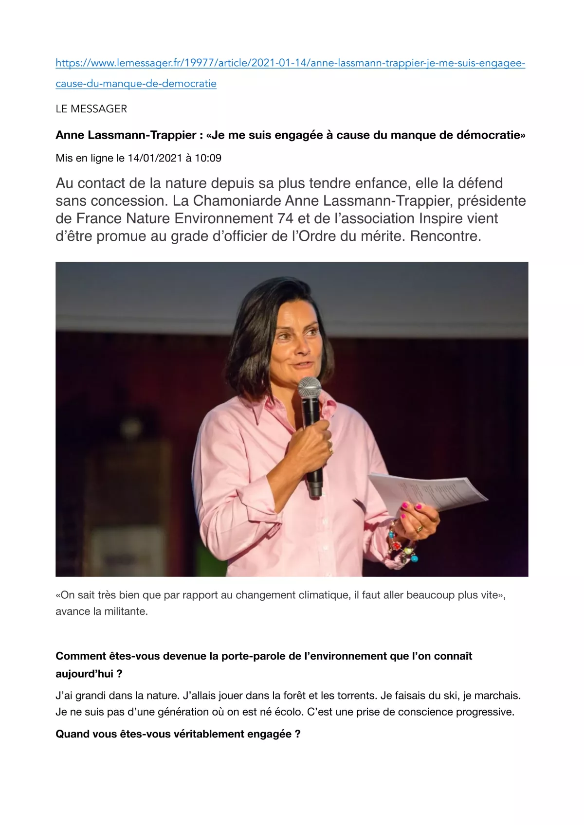 Article sur le site internet Le Messager