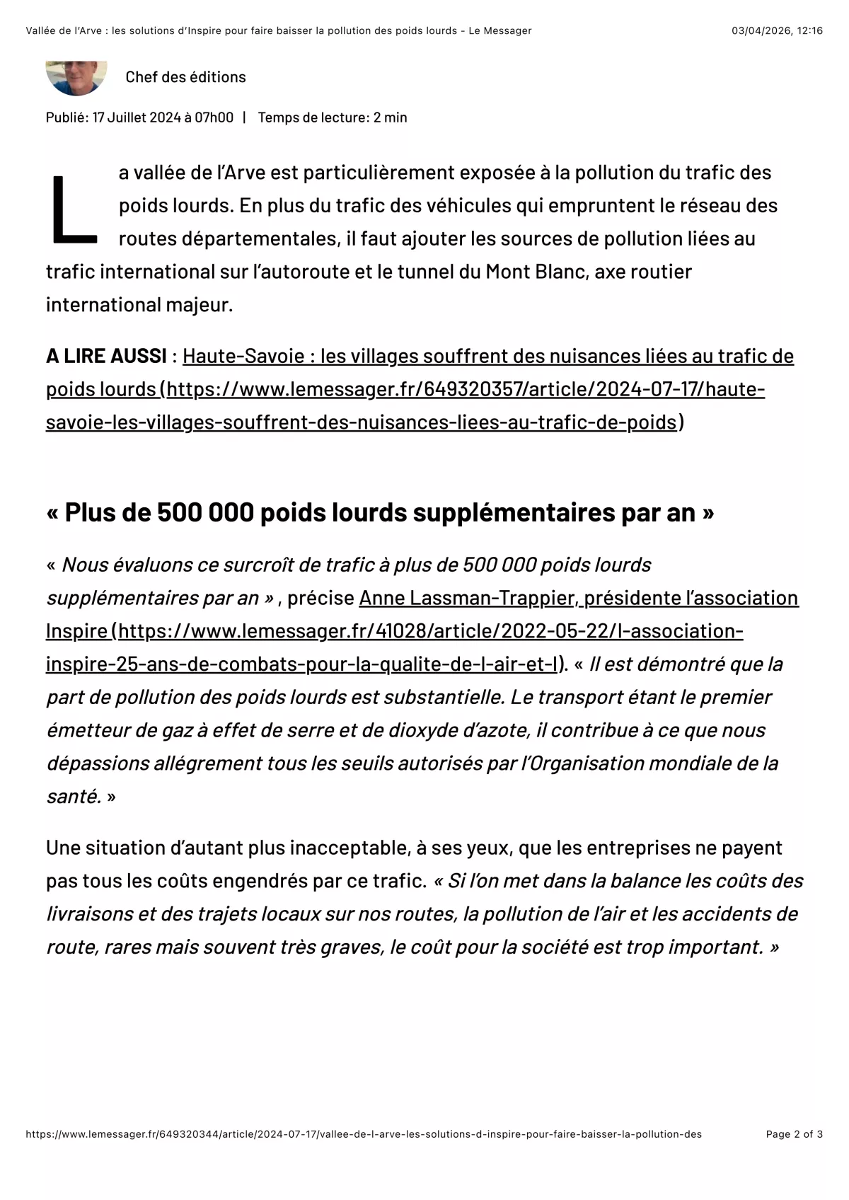 Article du journal Le Messager